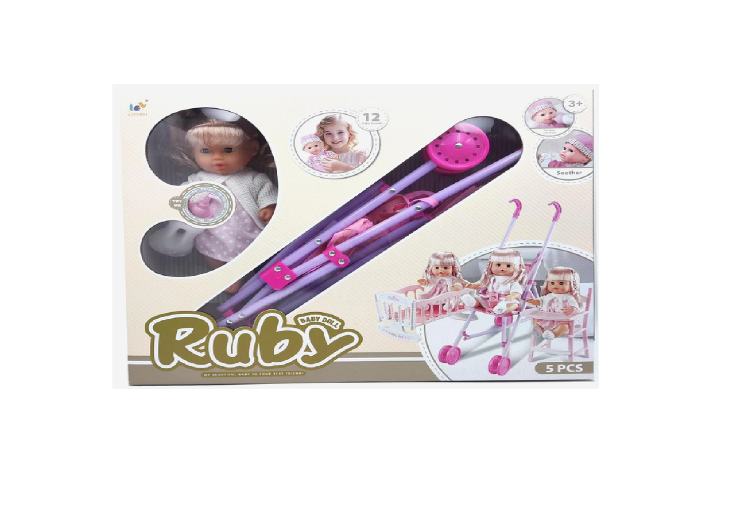 Ruby Baby Dolls 5-Piece Triplet Stroller Playset