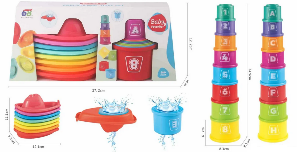 Rainbow Stacking Cups Set - Educational Baby Toy with Numbers & Letters