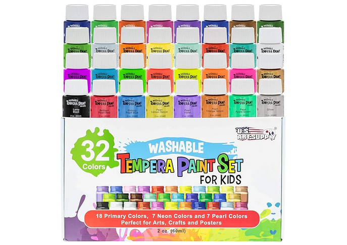U.S. Art Supply 32-Color Washable Tempera Paint Set for Kids